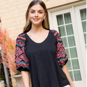 Thml Womens Embroidered Sleeve Black Top Size Medium Anthropologie